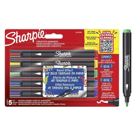 SHARPIE Creative Marker Acrylic Paint Markers Water-Based Bullet Tip Assorted Colours (Pack 5) - 2201069
