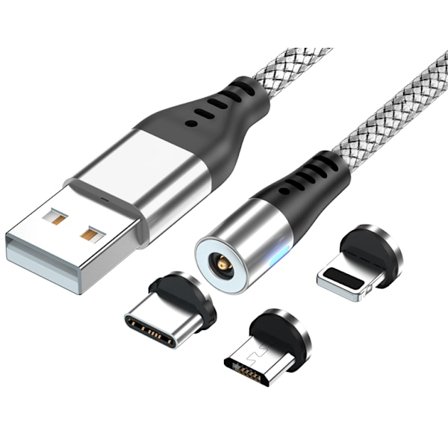 2m magnet kabel med 3 huvud silver