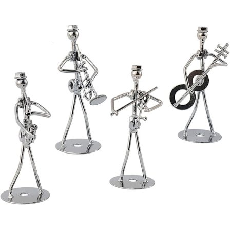 4 stk. Music Man Statue Metal Musiker Orkester Sæt Guitar Trombone Saxofon Spiller Model
