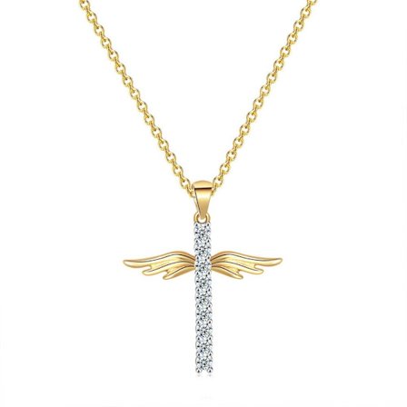 Cross with angel wings in gold with gold plating and zircon