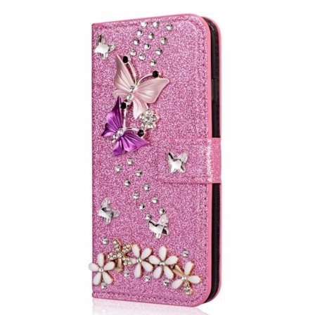 Deksel til iPhone 13 Pro rosa glitter sommerfugl rhinestone kortspor lommebok lær innlagt diamant
