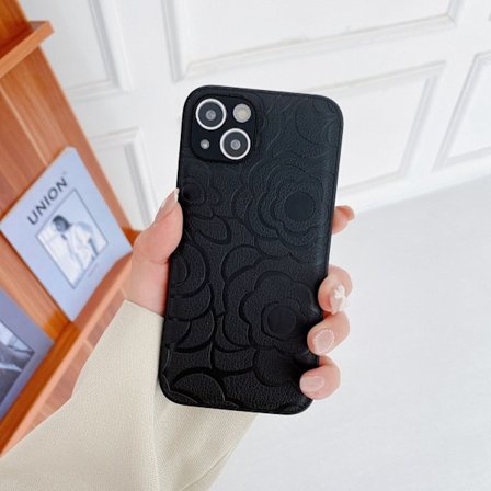 Etui til iPhone 15 Plus svart lærtekstur kamelia