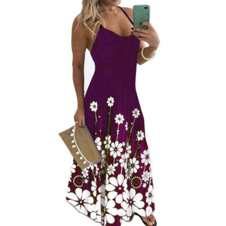 Vintage Print Klänning Sexig Spaghetti Strap V-ringad Lång Kvinna