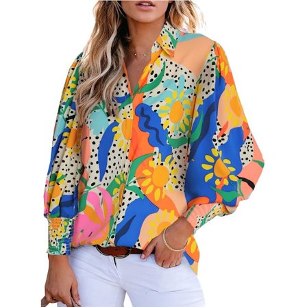 Kvinnors Skjortor Knappar Ner Tryckt Lykta Långärmad Casual Toppar