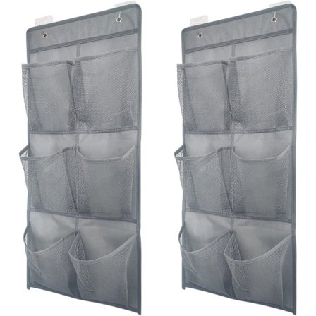 Sæt med 2 hængende hylder, hængende opbevaringslommer, skoopbevaring til dør med 12 lommer og 4 kroge, til skab, grå