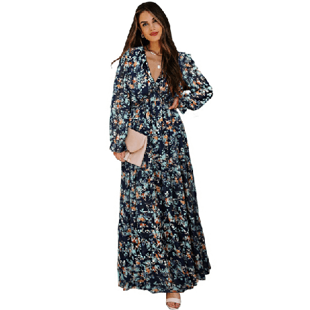 Blommig klänning i tyll för kvinnor Lös Casual Chiffongklänning LC613415-dark blue XL