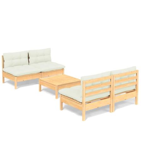 Vidaxl Loungegrupp Med Gräddvita Dynor 5 Delar Massiv Furu Creme