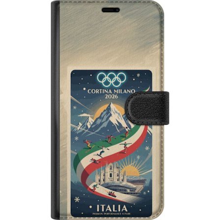 Yhteensopiva Lompakkokotelo Xiaomi Redmi Note 14 5G Mäkihyppykuvitus, jossa hiihtäjä tähtää kiväärillä lumisella radalla, teksti Milano Cortina 2026 j