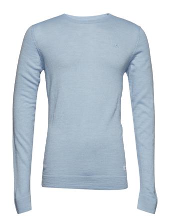 Merino Knit O-Neck Strikkegenser M. Rund Krage Blå Lindbergh