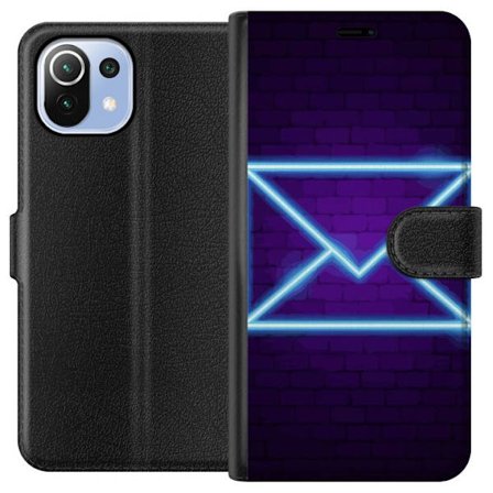 Yhteensopiva Lompakkokotelo Xiaomi Xiaomi Mi 11 Lite Neonilta illuustraatio kirjekuoresta sinisessä valossa lila tiiliseinää vasten, nykyaikainen s