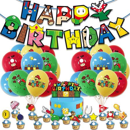 Super Mario Festutstyr Dekor Banner Ballonger Kake Topper Sett