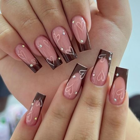Franske Tip Kunstige Negle, Firkantede Tryk på Negle Medium Længde Pink Brun Akryl Gel Falske Negle Kærlighed Rhinestones Design, Genanvendelige 