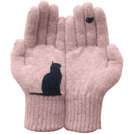 Hela fingervantar Cartoon Cat Print Vinter Varma Kalla Kasmirsvantar Tjocka Ull Stickade Damhandskar