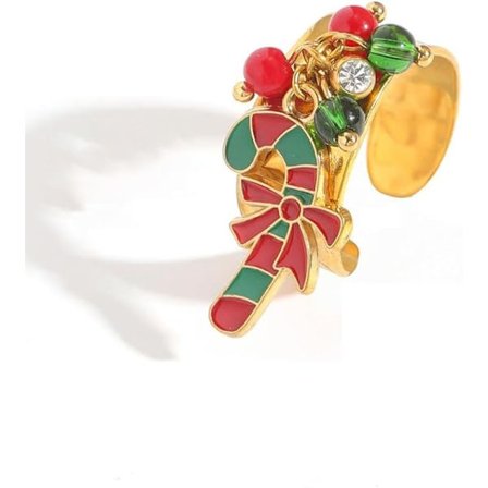 Damjulringsberlock, set med cubic zirconia-imitationpärlor, julgranssnöflingakrans-godis käpphänge, tjock ring, justerbar.