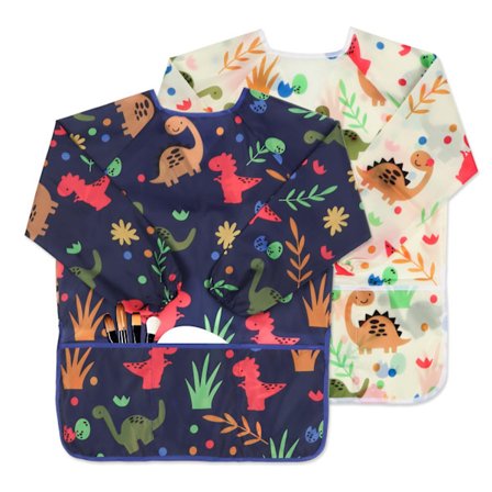 2-pak Børne Maleforklæder, Vandtæt Dinosaur Maleforklæde med Lange Ærmer & Lommer til Småbørn Drenge Piger, Alder 3-8, Blå+Beige