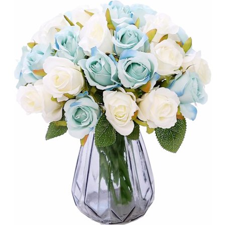 24 Hoveder Kunstige Rose Blomster Buket Silke Blomster Rose til Hjem Bryllup Bryllup (2 Pakker blå, hvid)