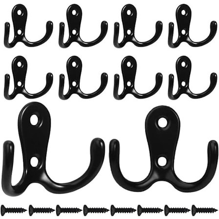 Kåpe Krok 10 Stykker Dobbel Metall Kroker og Kåpe Kroker Oppbevaring med Skruer for Hjem, Hyller, Skuffer, Skap (Svart)