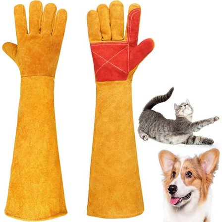 60cm Anti-Bite Arbeidshansker, Holdbare Anti-Graffio Lærhansker for Bad, Stell, Håndtering av Hund, Katt, Slanger, Sirkel, Skilpadde, Reptil (Gul)