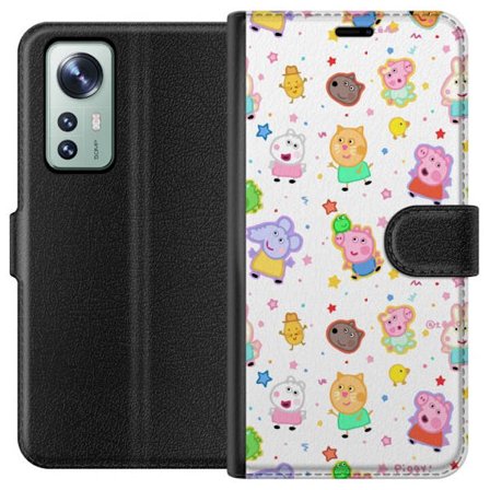 Kompatibelt Lommeboketui til Xiaomi 12 Fargerike tegneserie dyrekarakterer i en leken stil med stjerner og prikker på en lys bakgrunn