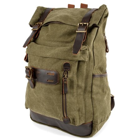 Mochila Robusta em Lona Verde Tropa e Pele Estilo Vintage para homens - Mochilas