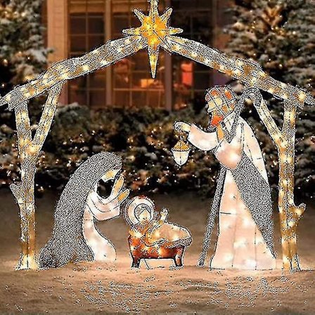 Kongque - Opplyst Utendørs Julekrybbe, Julehellig Familie Hagedekorasjon, Julekrybber For Utendørs, Påskedekorasjoner Opplyst