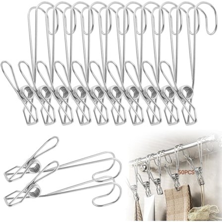 50 st klädnypor i rostfritt stål, långa klädnypor med krokar för tvätt, garderob, kök, badrum