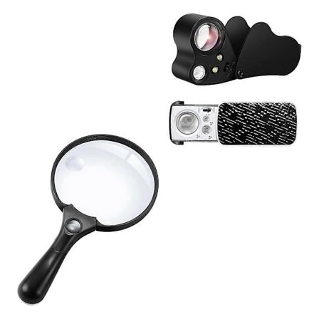 En uppsättning med 2 x 4 x 25 x förstoringsglas med belysning och 2 uppsättningar med 30 x 60 x 90 x smyckesförstoringsglas