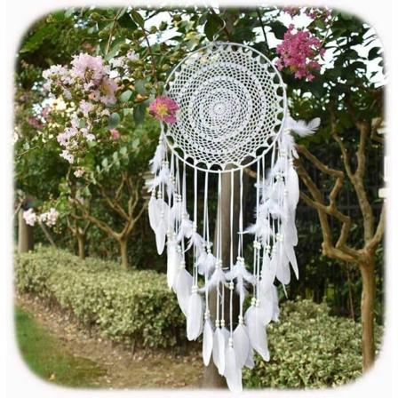 Stor boho drømmefanger med hvite fjær, blonde, veggdekorasjon, vintage bryllup, hjemmedekor, 35 cm rund, 110 cm lang
