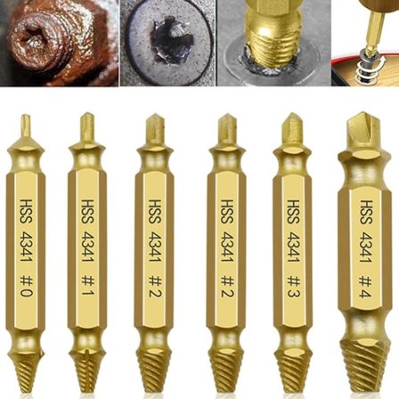 6-delt sett med ødelagte skrujern og bor, skadet og strippet