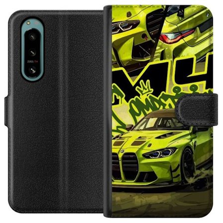 Kompatibel Tegnebogsetui til Sony Xperia 5 IV Bluey-familien i glad tegnestil med blomsterbaggrund og legende farvepalet