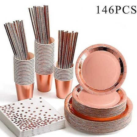 146 stk Engangs Party Servise Rosaguld Papir Kop Tallerken