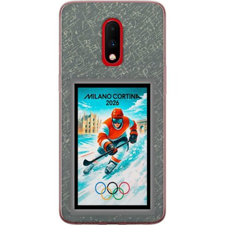 Yhteensopiva Puhelinkuori OnePlus 7 Curlingkuvitus pelaajilla ja kivillä jäällä, Milano Cortina 2026, lumisia roiskeita ja olympiasormukset