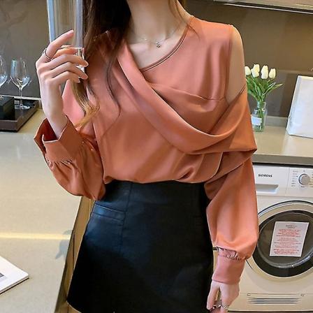 V-pääntie, ohut naisten olkapäiden ulkopuolinen pitkähihainen sifonkipusero Syksyinen elegantti satiinipaita Solid Ol Topit Pink XL