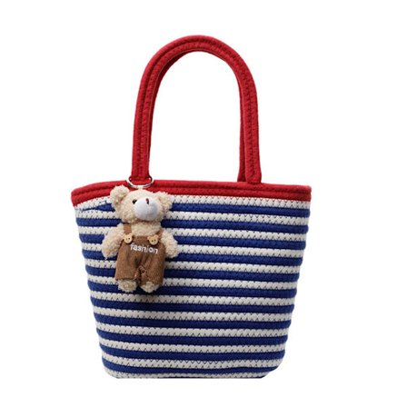 Blå og hvitstripet vevd håndveske med søt og avslappet stil, dekorert med teddybjørn og bøtteveske