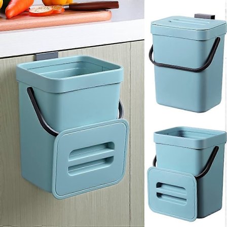 Komposthink för kök, hängande liten soptunna med förseglat lock, 5 liter, monterbar komposthink för kök/badrum/husbil (Blå)