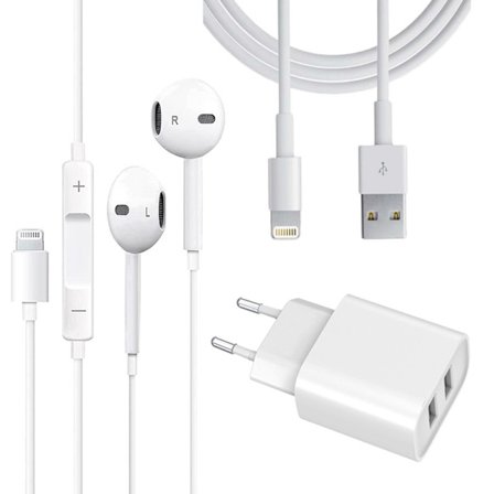 Dual Port Snabbladdare + Lightning -kabel + Hörlur med Lightning -kontakt