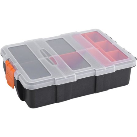 Vahva muovinen työkalulaatikko, jossa on 11 lokeroa ja kaksi osastoa