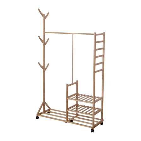 Bambukapphängare med hyllor, krokar och hjul