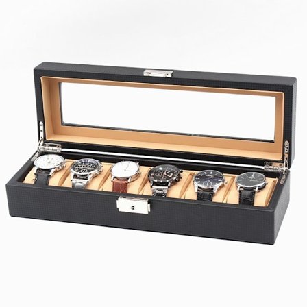 Urboks til 6 ure - Luksusmodel i sort kulfiber med lysebrune indsatser Sort