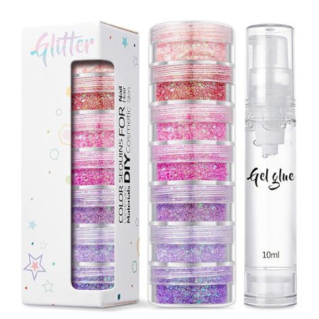 7 Färger Ansiktsglitter - Rosa Lila Kosmetiskt Glitter Chunky Glitter - Ansiktsglitter Festival Hårglitter med Lim för Kropp, Hår, Naglar, Scen, Fest
