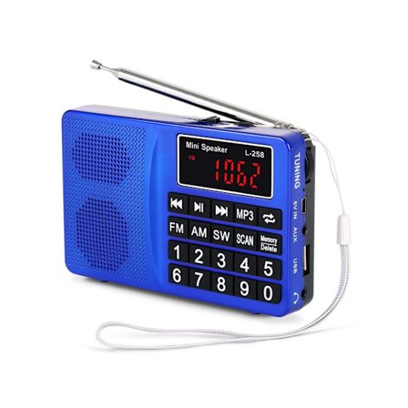 Liten bärbar radio med nätström, uppladdningsbar AM (MW) / SW / FM-radio med bashögtalare, stor knapp och display. Lagrar stationer