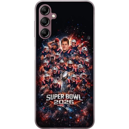 Yhteensopiva Puhelinkuori Samsung Galaxy A14 5G Super Bowl 2026 juliste, jossa New England Patriots ja NFL-mestaruuspalkinto räjähtävän urheilullisess