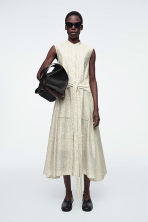 COS Women's Printed Fluid Tie Waist Midi Dress in White