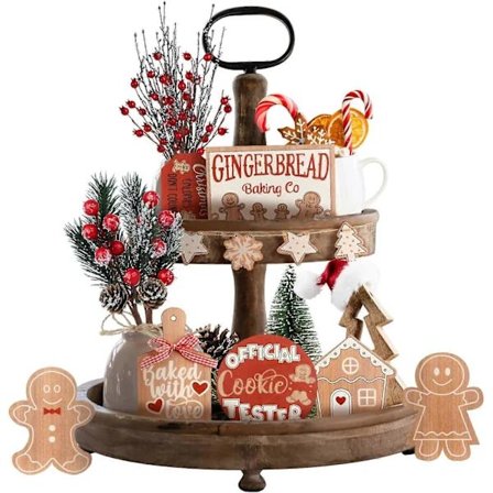 12 stk. Juledekorasjonssett for Etagère, Vinter Pepperkakemann-tema Borddekorasjoner i Tre, Juledekorasjon for Etagère i Bondgårdsstil