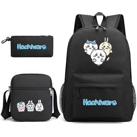 Chiikawa Jiyikawa Skoletaske i tre dele til drenge og piger, penalhus i campusstil, lærredstaske i tre dele med stor kapacitet, sort~5