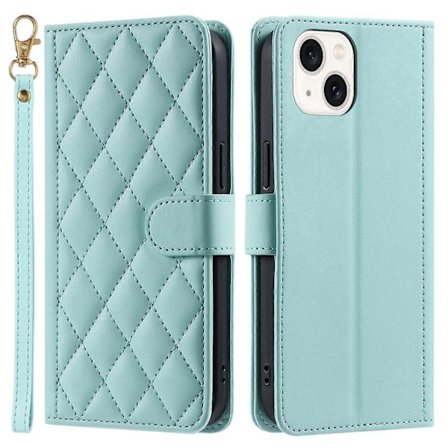 For iPhone 15 Plus Lommebok Etui PU Lær Cover Sydd Rhombus Grid