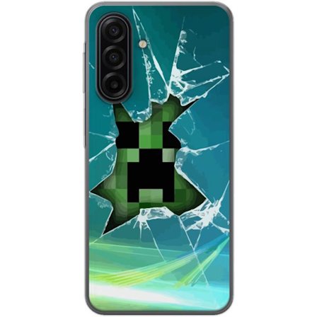 Kompatibel Mobilcover til Samsung Samsung Galaxy A17 5G Minecraft Creeper gennem knust glas med dramatisk eksplosionseffekt, hvor den ikoniske Creeper