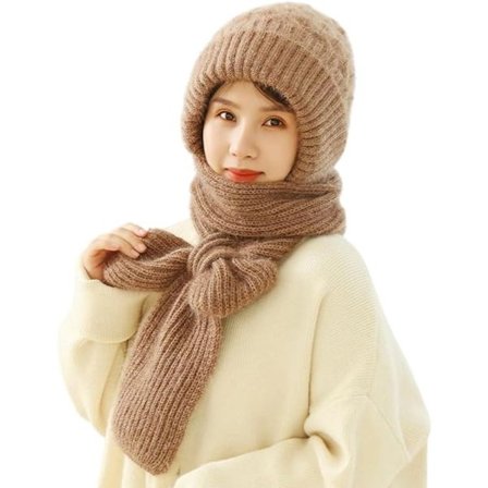 ING Vindtett Strikket Lue med Integrert Skjerf og Ørebeskyttelse Tykk Varm Vinterlue for Kvinner Utendørsaktiviteter og Kaldt Vær Khaki