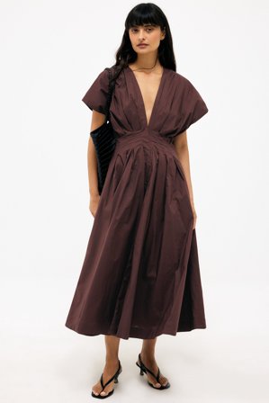 NA-KD Robe mi-longue plissée en coton à manches courtes - Robes de tous les jours - Marron - EU 42