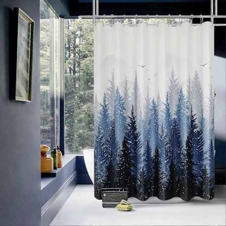 Blå Skog Duschdraperi, Tropiskt Duschdraperi Set med 6 Krokar, Badrumsgardiner Slitstarkt Tyg Maskintvättbart, 91x183cm